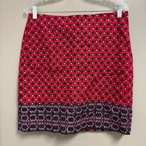 Talbots Petites Knee Length Pencil Skirt Sz 10P Red/Navy Blue Geometric Print